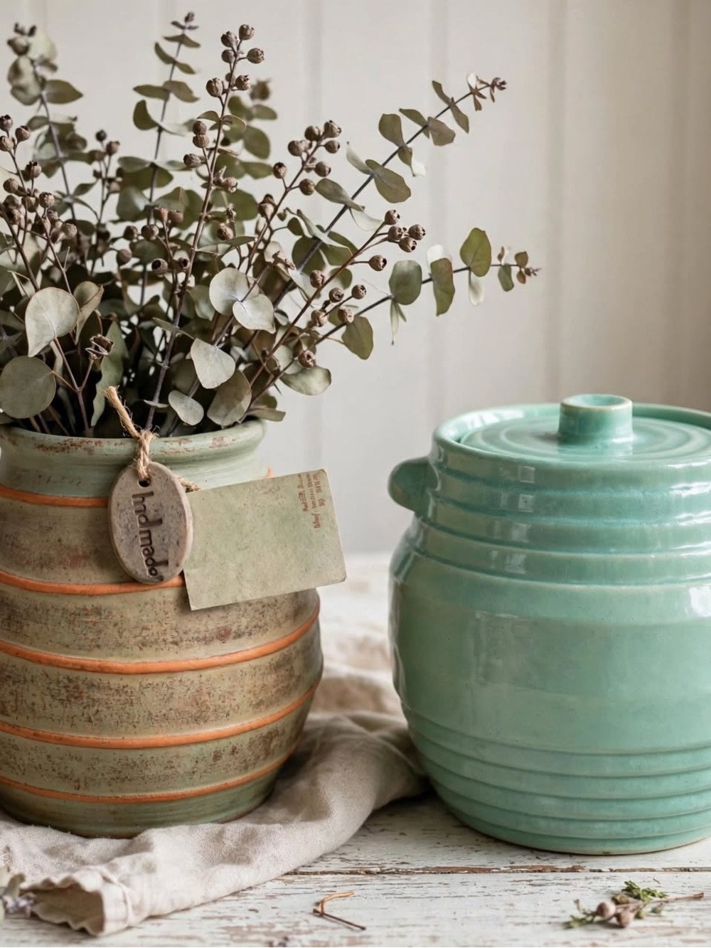 Bundle: Beehive Mint Cookie Jar + Waspnest Sage Stripe Vase